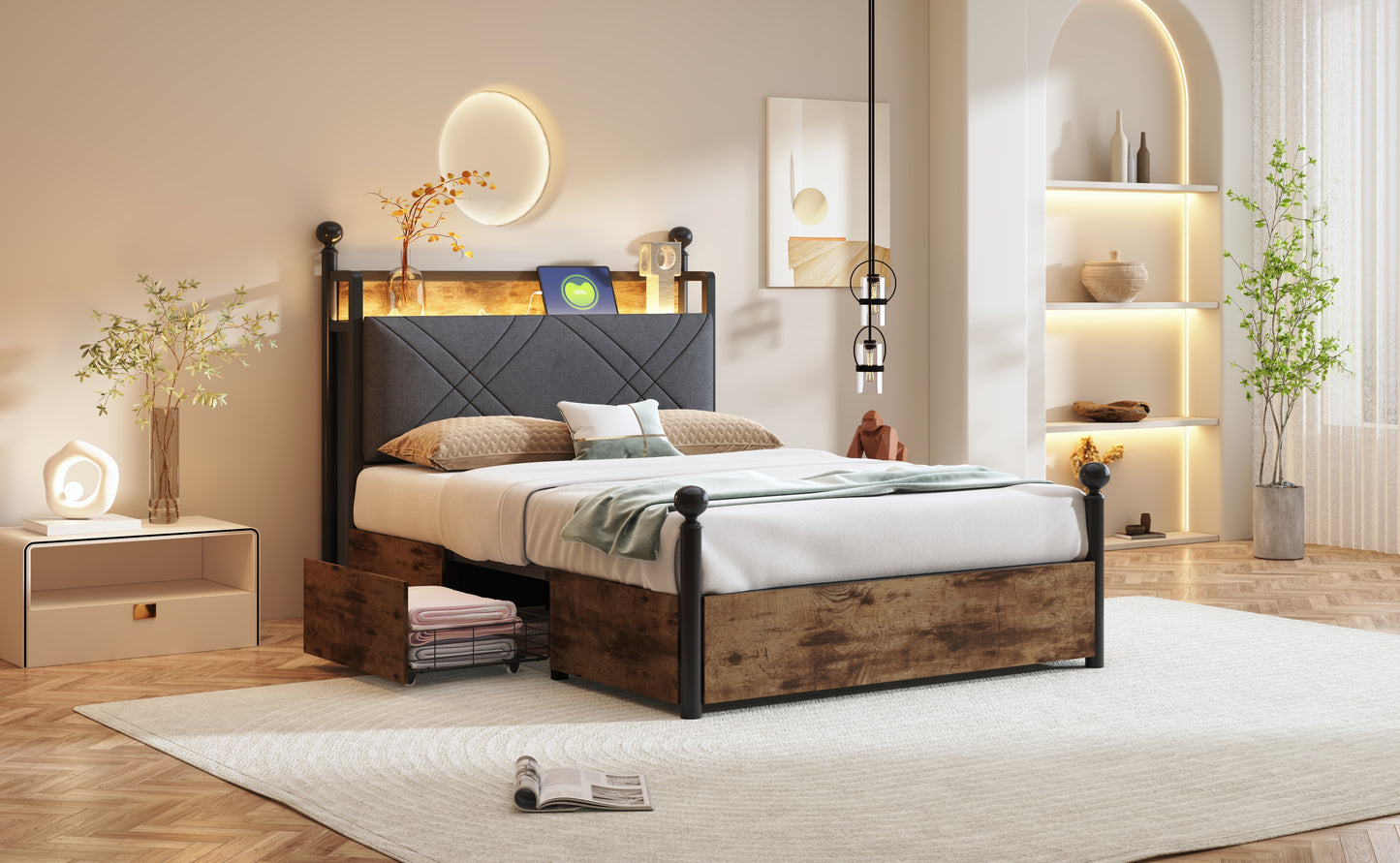 Multifunctional Bed 90 X 190 , With Storage Space And Wrought Iron Canopy,with Removable Bed Posts With LED And USB Type-C Charging Ports, As Well As Two Drawers, Iron Single Bed, Youth Bed.,