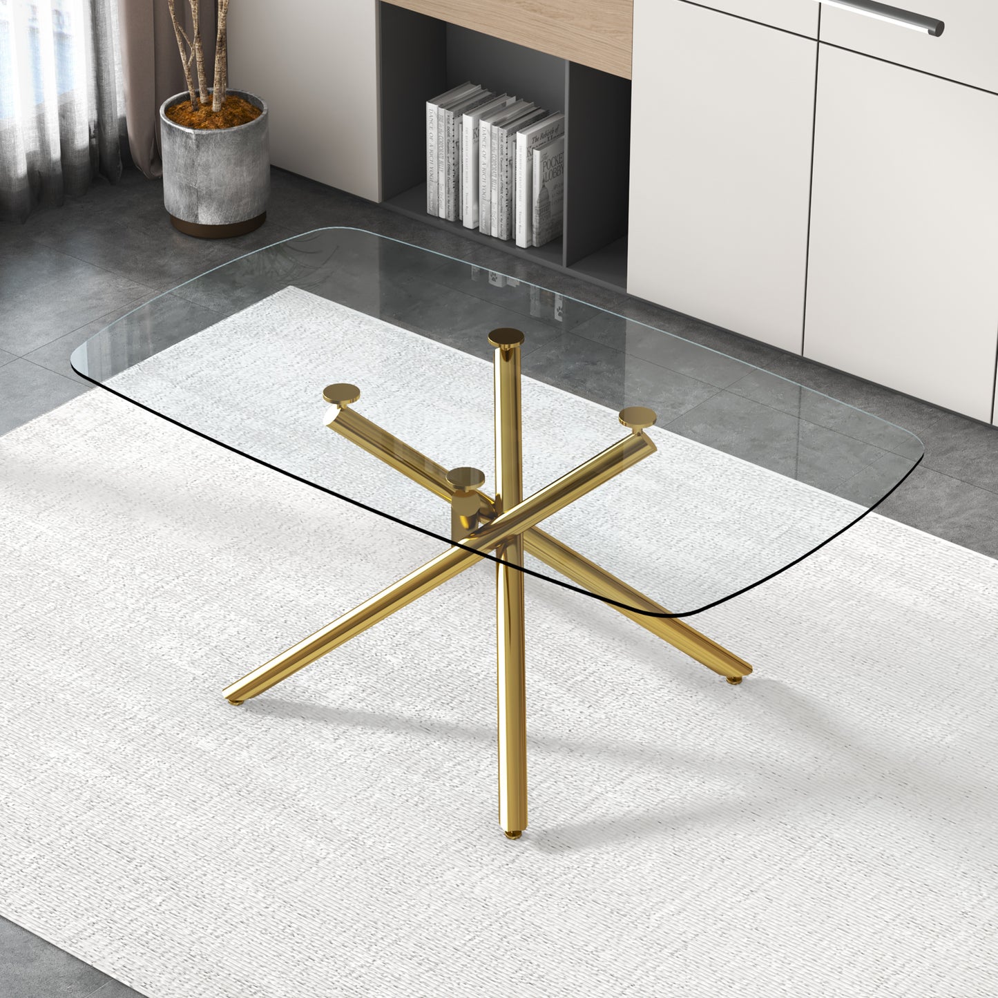 Large Modern Minimalist Rectangular Glass Dining Table With 0.39inTempered Glass Top And Gilded Metal Legs For Kitchen, Dining Room, Living Room, Meeting Room, Ballroom 71inX 35.4inX 30in.W1151S00840