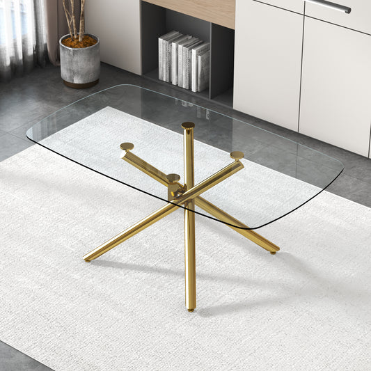Large Modern Minimalist Rectangular Glass Dining Table With 0.39inTempered Glass Top And Gilded Metal Legs For Kitchen, Dining Room, Living Room, Meeting Room, Ballroom 71inX 35.4inX 30in.W1151S00840