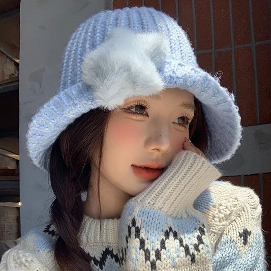 Korean-style Cute Plush Star Knitted Bucket Hat
