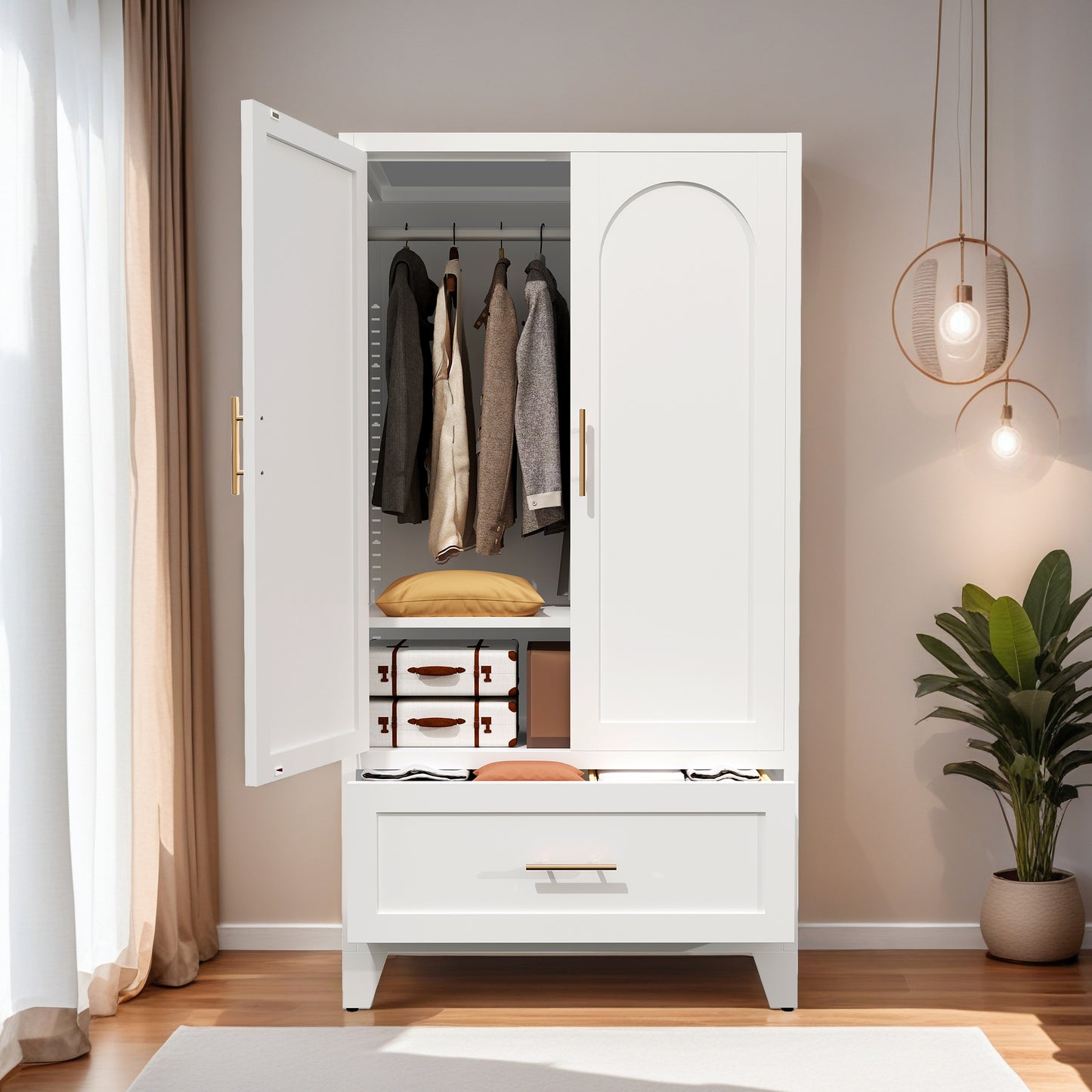 60inch Tall Metal Wardrobe Cabinet With 1 Drawer And Hanging Rod, 2 Doors Wardrobe Closet With Shelf For Bedroom, Office, Laundry Room,Entryway ,Foyer,Guesthouse White