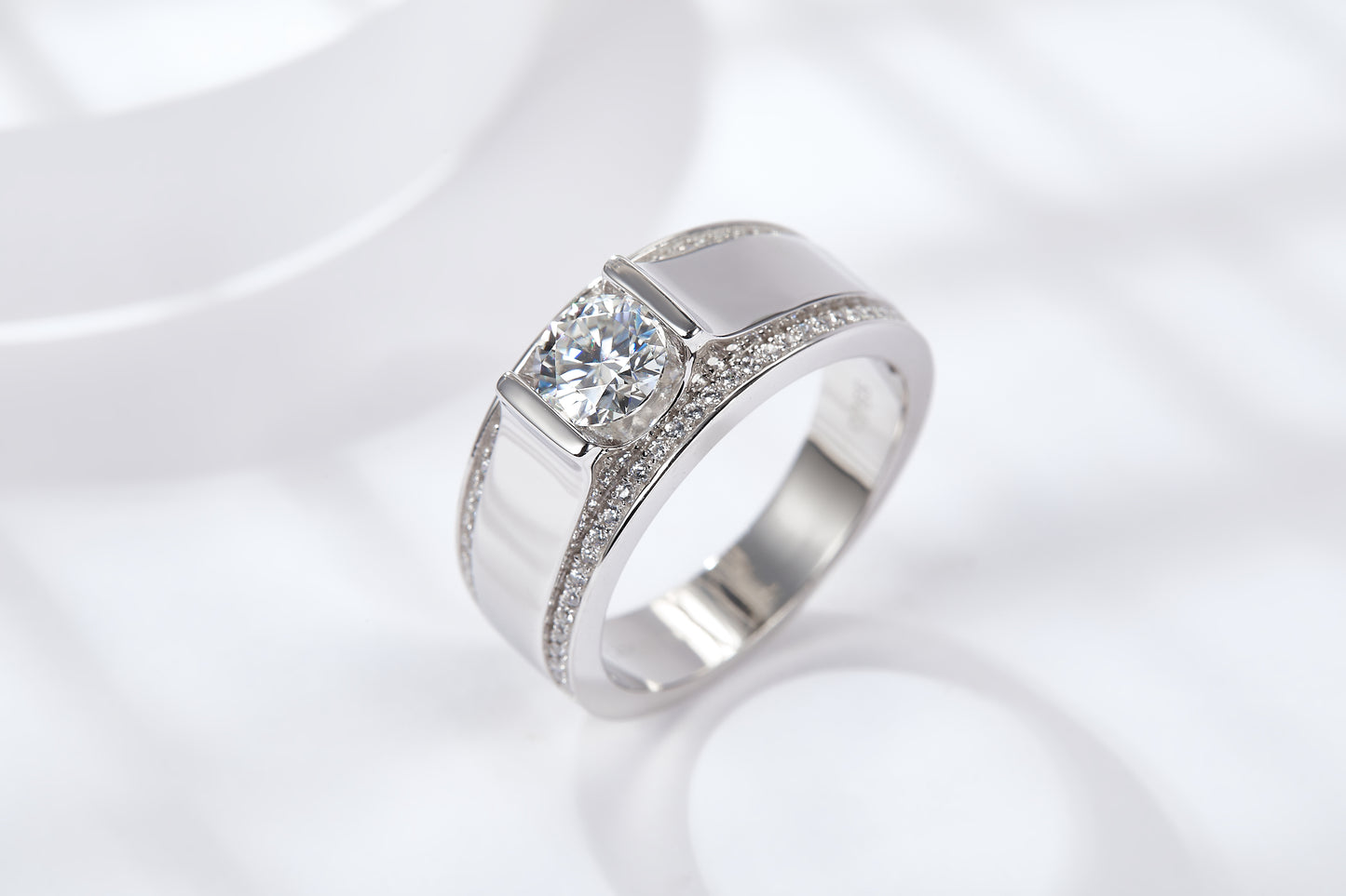 S925 Sterling Silver Wide Band Moissanite Ring, 1&2ct D-VVS1 Bezel Set With Pave Edges, US Sizes 5-9, GRA Certificate Gift Box