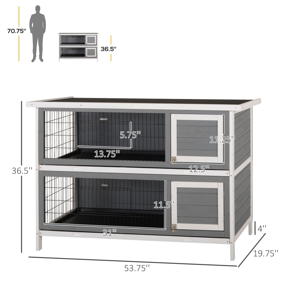 54" 2-Story Large Rabbit Hutch Bunny Cage Wooden Pet House Small Animal Habitat with Lockable Doors, No Leak Tray and waterproof Roof for Rabbits, Chickens, Ducks, Outdoor/Indoor Dark Gray
