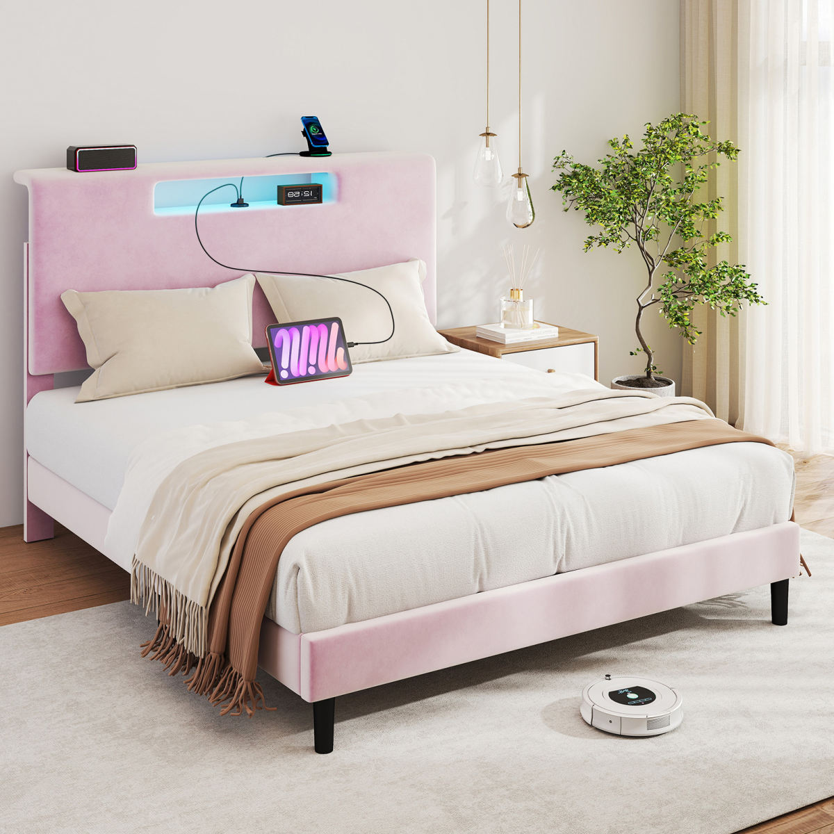 Full Size Upholstered Bed Frame With High Headboard Adjustable LED Lights Charging Port Wood Slat Support Platform Bed Frame Noiseless No Box Spring Needed Easy Assembly Pink