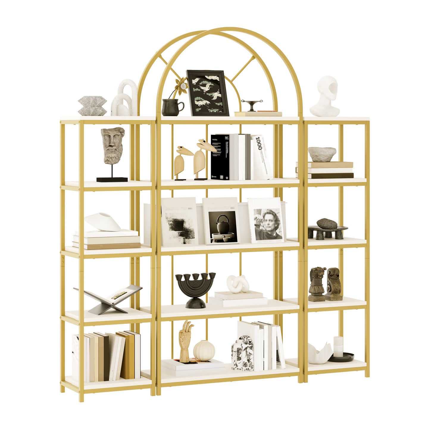 163X30X184 Cm Standing Shelf Set  Modular Bookcase With Gold Metal Frame & White MDF Shelves, 3-Piece Shelf With Arch Design, Display Shelf For Living Room, Kitchen & Office Display Cabinet, Shelf, B