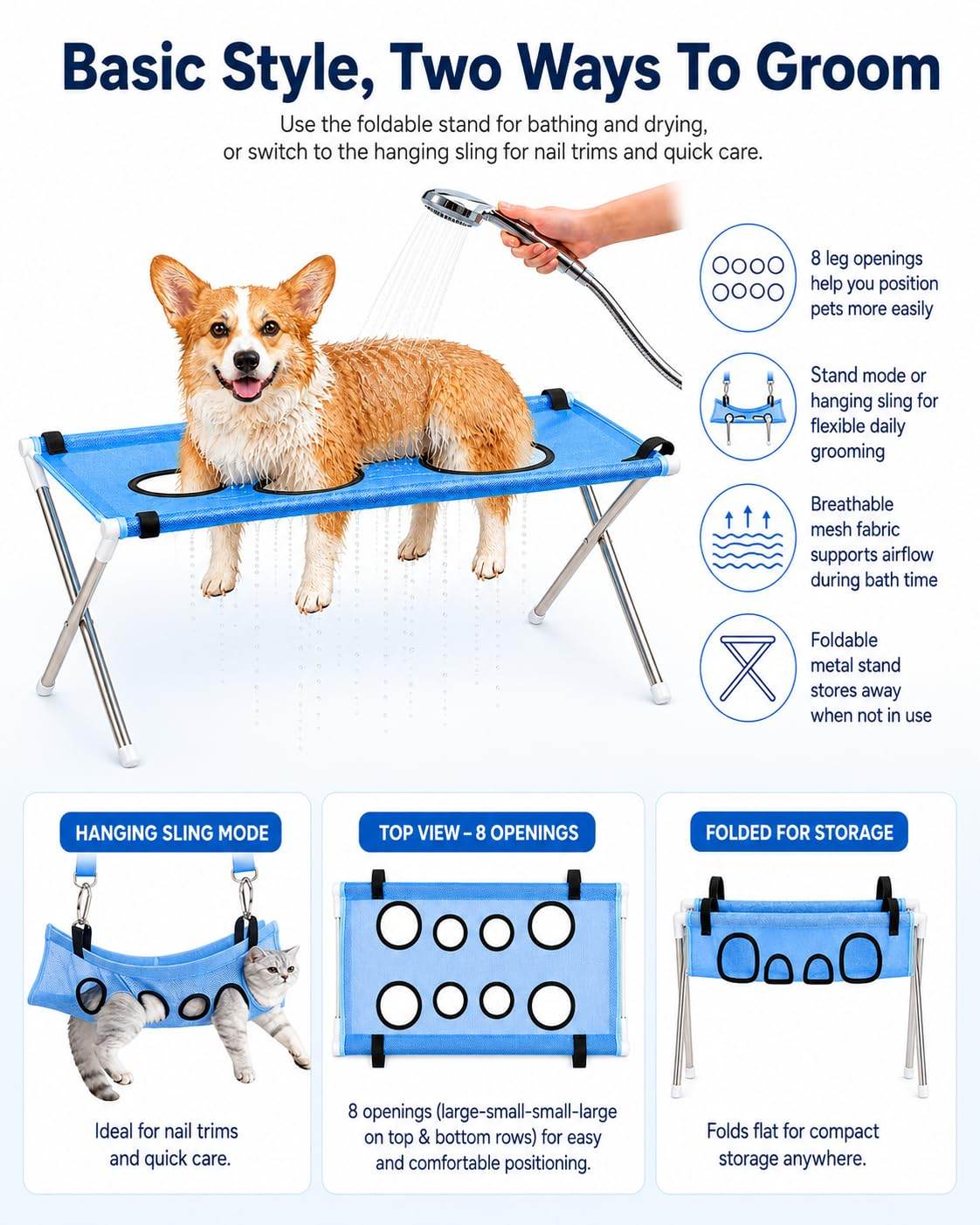 Dog Grooming Hammock Stand, Foldable Dog Bath Holder Sling Shower Chair  Heavy-Duty Pet Bath Stool For Small & Medium Dogs, Home Salon Grooming, Washable Mesh, Joint Support & Restraint
