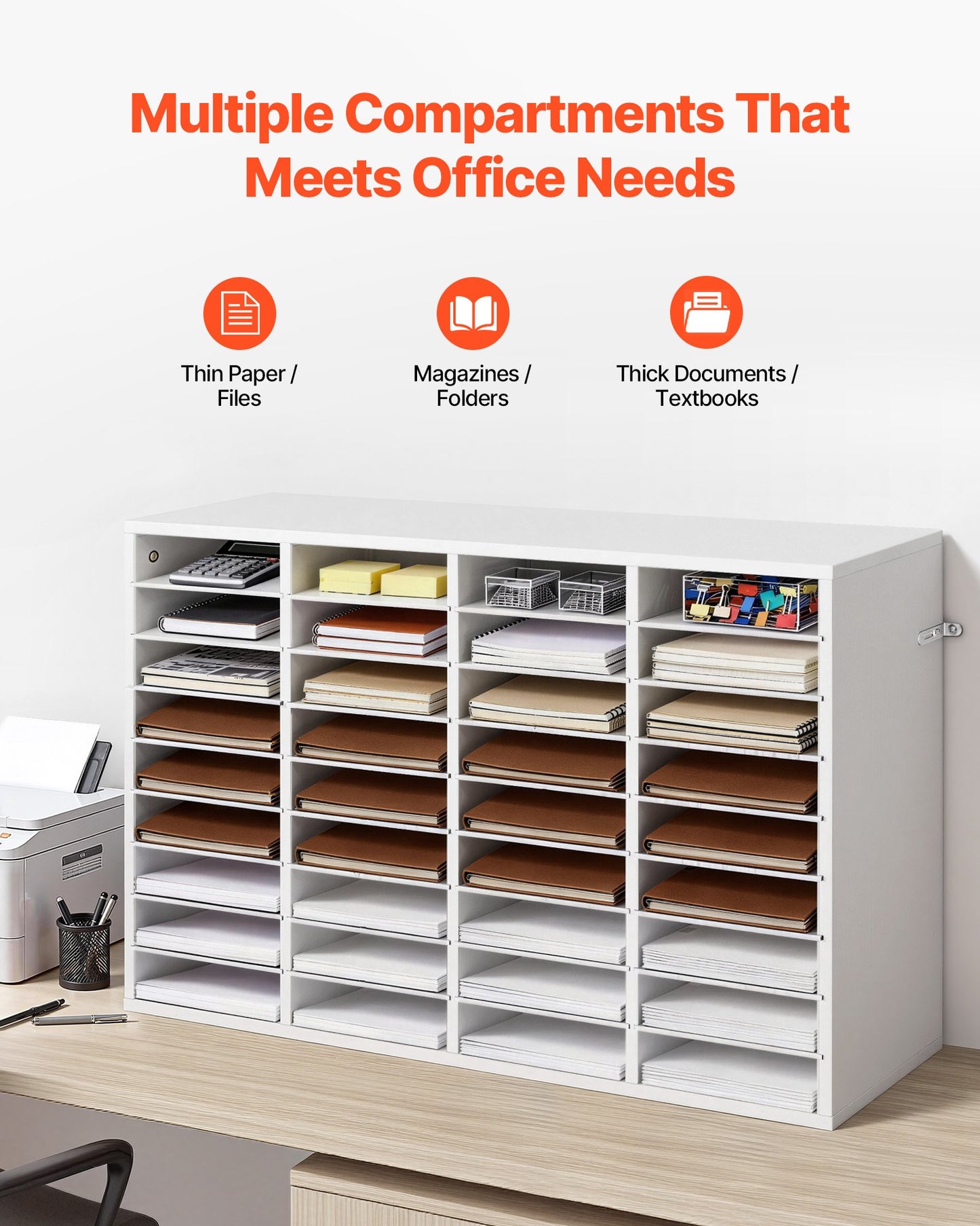 Literature Organizer, 36 Compartments Office Mailbox With Detachable Shelves, Wooden Mailbox Sorter With Particle Board, Countertop Office Home Storage Organizer For File, Document, Paper, White