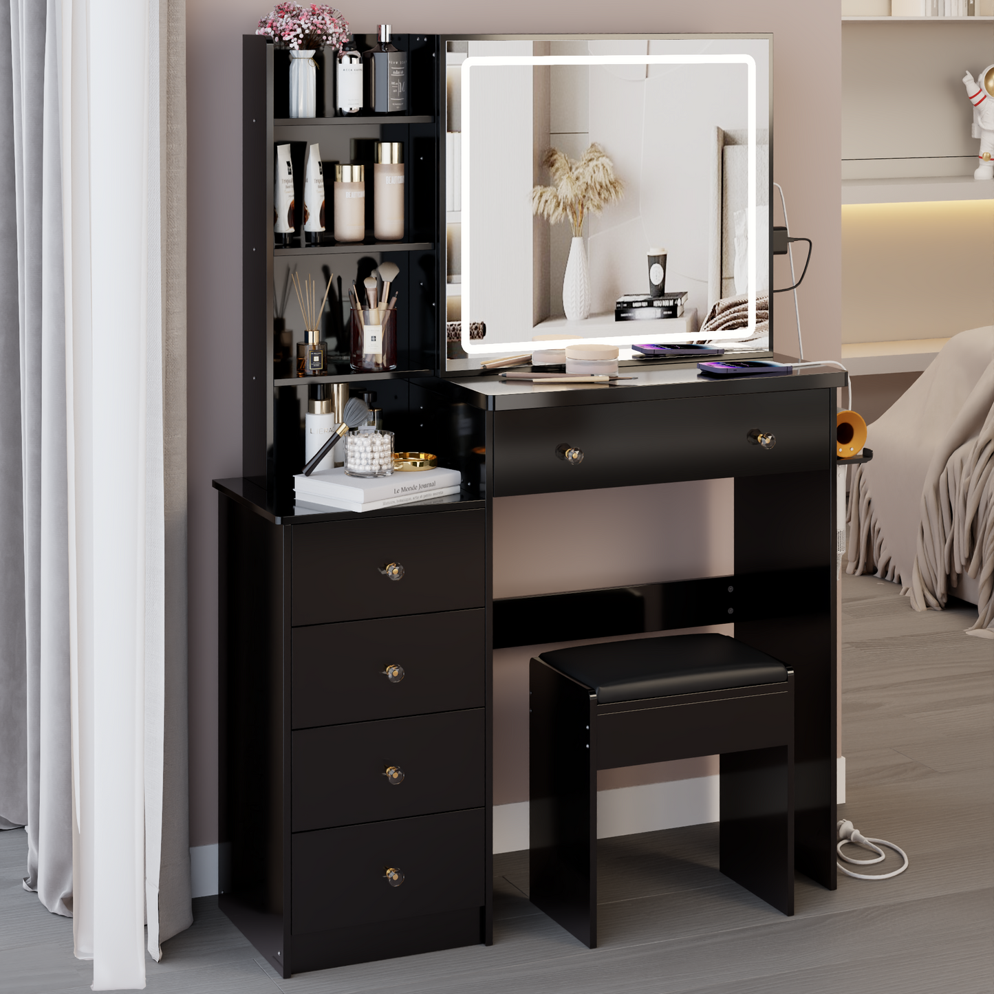 37 Middle Size Left Bedside Cabinet Vanity Table  Cushioned Stool Dresser Set, 2 AC -2 USB Socket, Hair Dryer Stand, Large Touch Control LED Sliding Mirror, 3-color Switch, EPA, GCC, UL Certificate
