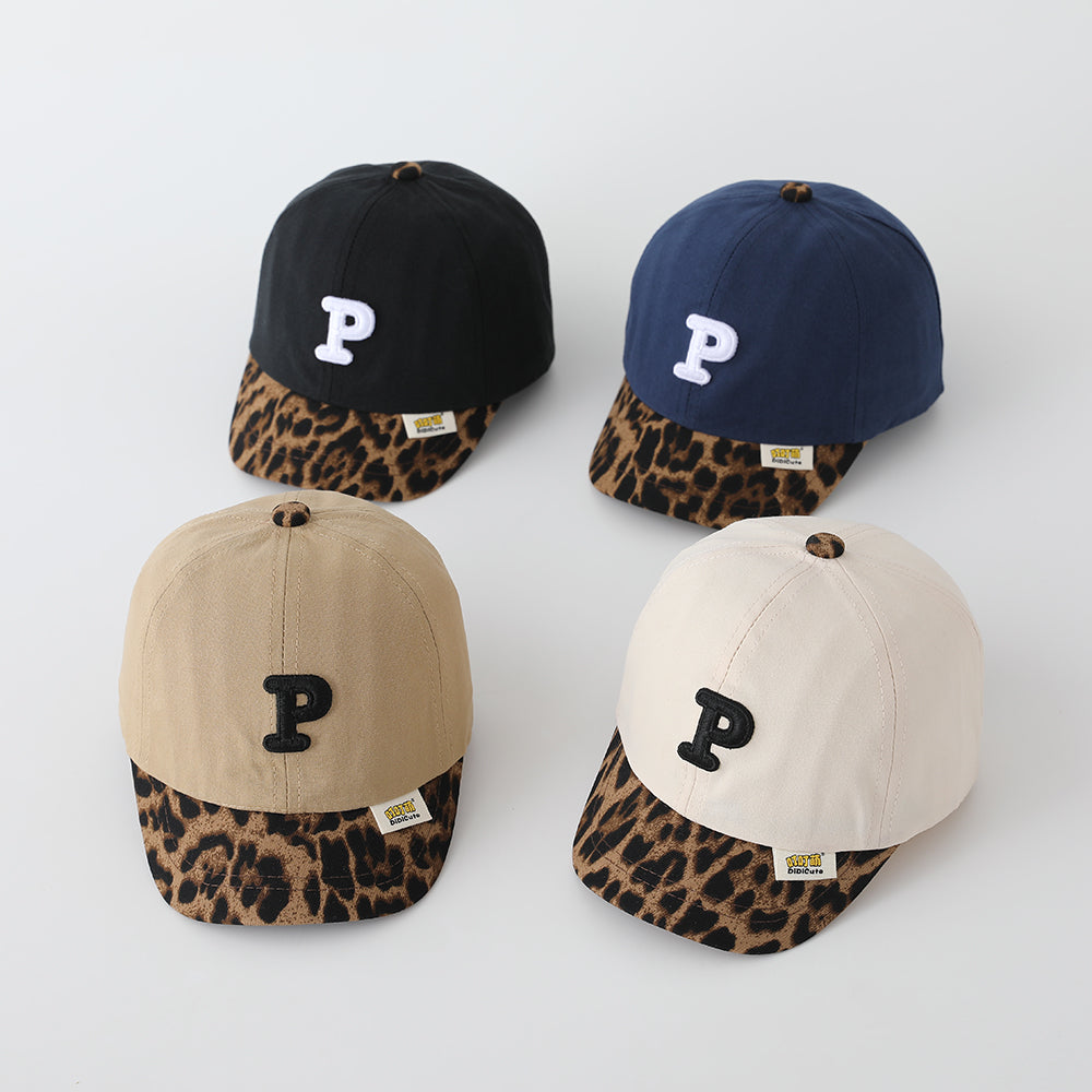 Children's Patchwork Leopard Print Brimmed Letter P Three-dimensional Embroidered Adjustable Fashion And Simple Baseball Cap, Suitable For Outings, Playtime And Daily Use.