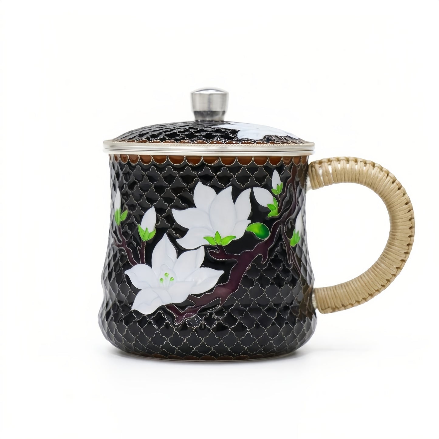 925 Sterling Silver Elegant Cloisonné Tea Mug with White Magnolia Blossoms and Woven Rattan Handle - Handicraft