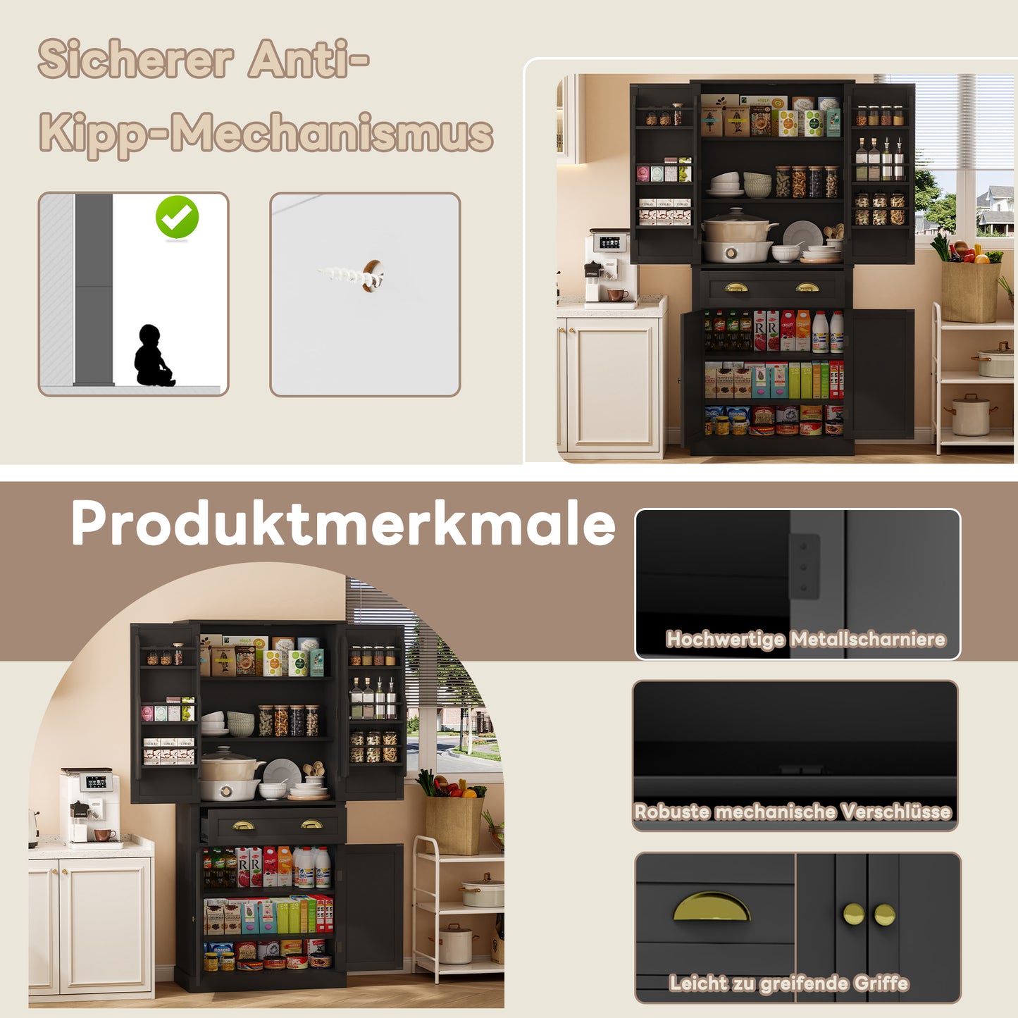 182 Cm Storage Cabinet, 4 Doors And 1 Drawer, 2 Doors With Shelves, 6 Storage Compartments And 4 Adjustable Shelves, Suitable For Kitchen, Dining Room And Living Room, Black