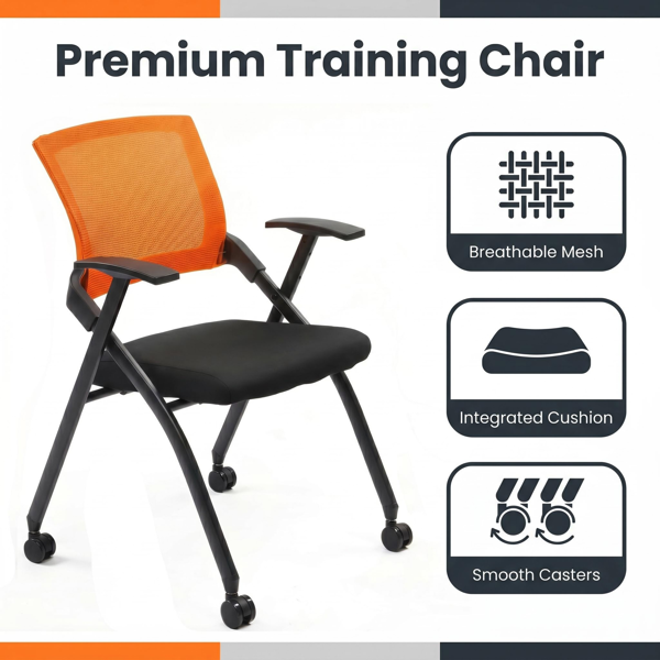1 Pack Stackable Conference Room Chairs With Wheels,Folding Office Chair With Rebound Back,Padded Seat For Training Room,Guest,Reception,Event,Capacity 350lbs,Orange