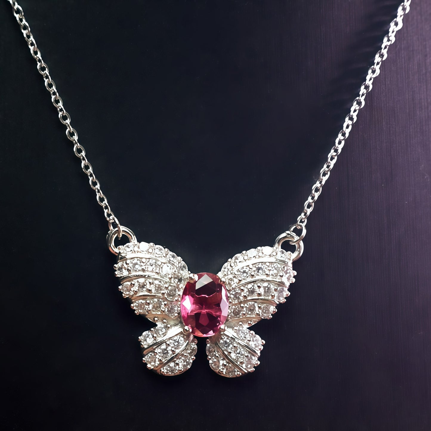 Oval Cut Hot CZ Butterfly Pendant Necklace For Women, Copper Plated Silver Full Pave White Cubic Zirconia Elegant Wedding Party Statement Jewelry Gift