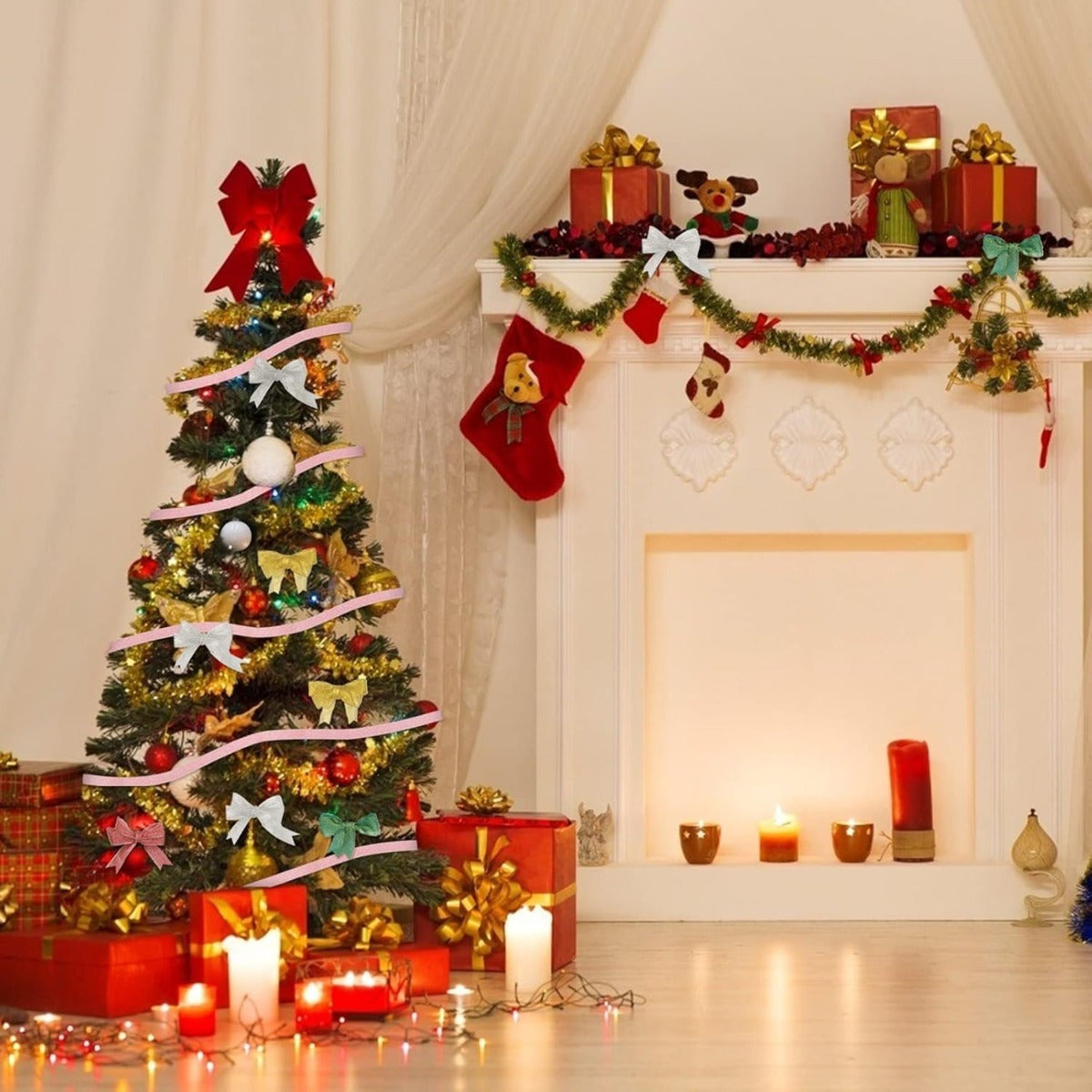 Christmas Gift Ribbon Set, 4 Festliche Geschenkbänder, Dekorative Weihnachtsbänder Für Geschenke Und Deko-Partyzubehör-Set