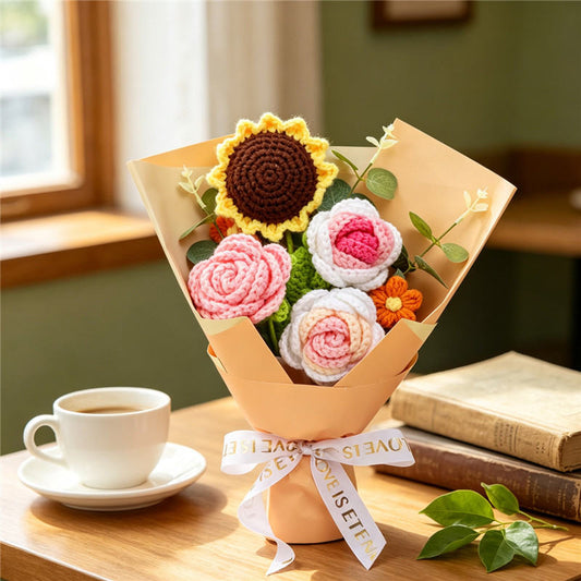 Handmade Crocheted Flower Bouquet, Sunflower Matched With Gradient Pink Roses And Tiny Orange Flowers, Soft Yarn Everlasting Knitted Bouquet, Indoor Home Decorative Ornament