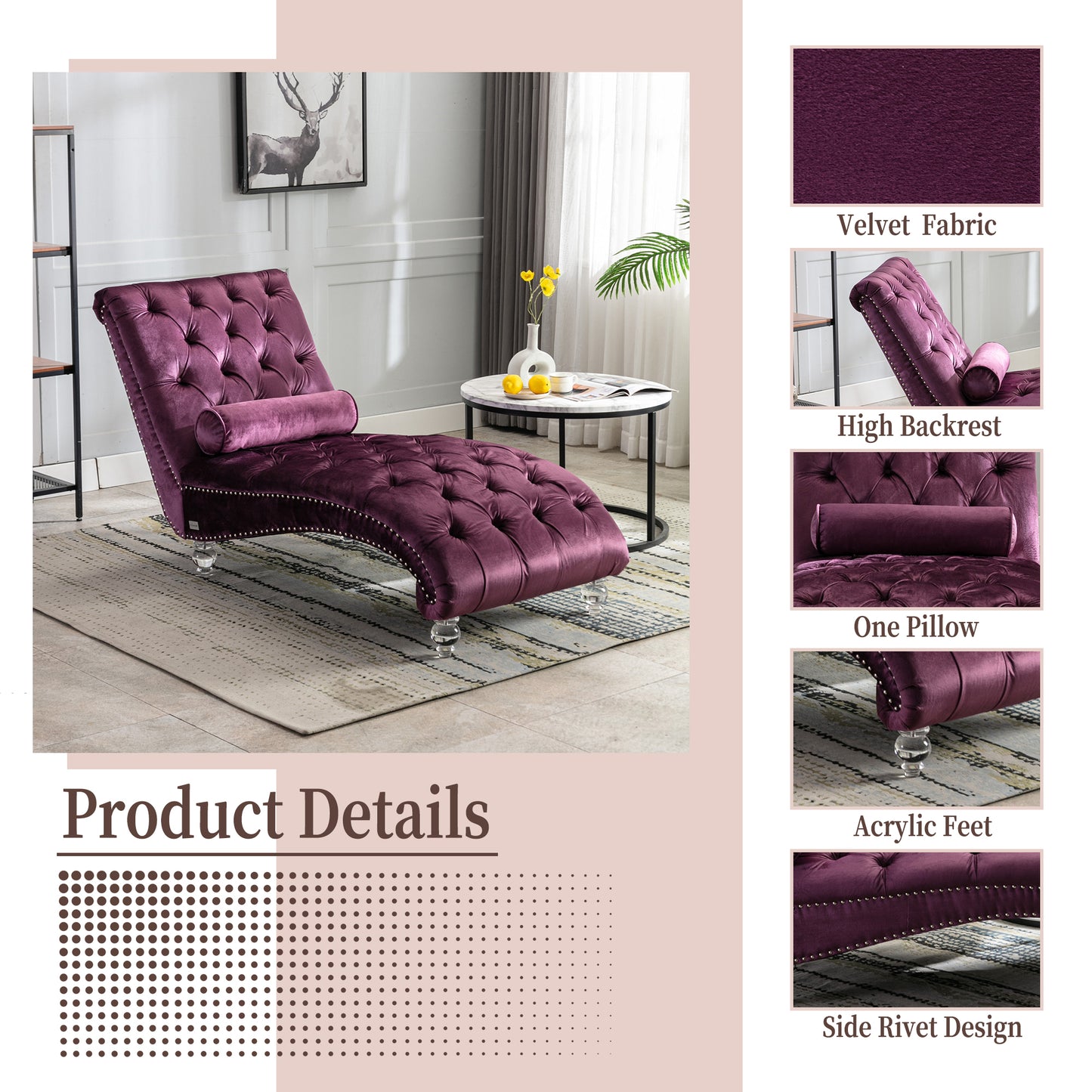 Velvet Chaise Lounge Indoor,Button-Tufted Upholstered Chaise Lounge Chair With Pillow For Bedroom Living Room Office  Purple Velvet