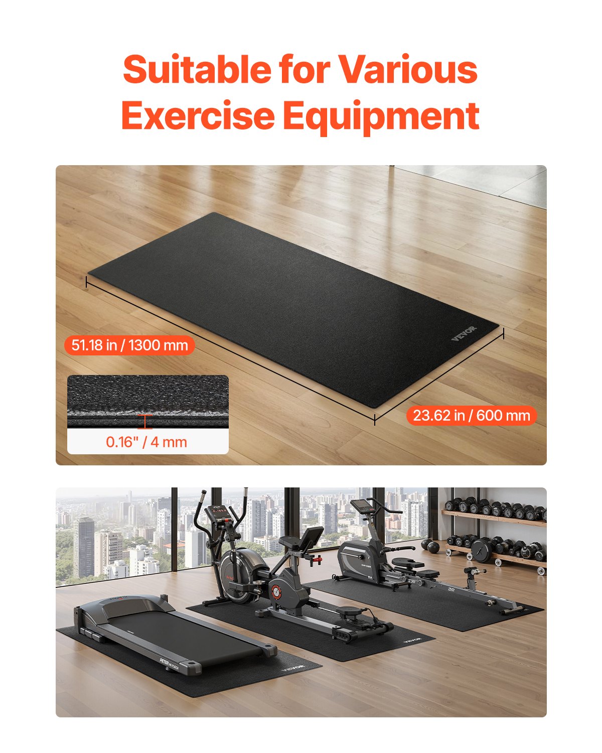 Treadmill Mat For Carpet Floor, 23.62'- 51.18' - 0.16' Exercise Equipment Mat For Elliptical And Walking Pad, High Density PVC Floor Protector, Waterproof And Non-slip For Home Gym