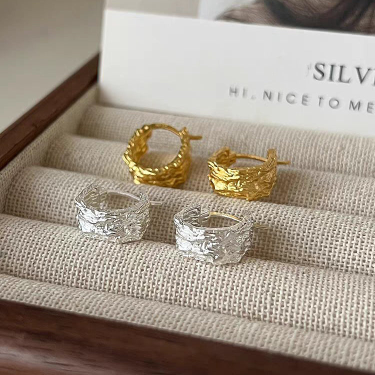 1 Pair 999 Sterling Silver Textured Hoop Earrings, Minimalist Style, Perfect For Daily Wear And Valentine's Gift