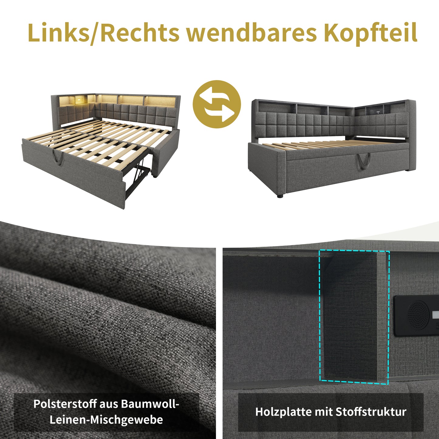 Linen Upholstered Bed 90x200 With Pull-out Bed 90x190, LED, Bluetooth Speaker, USB & Type-C Charging Port, L-headboard With Storage Shelf, Sofa Bed Guest Bed, Grey, Without Mattress