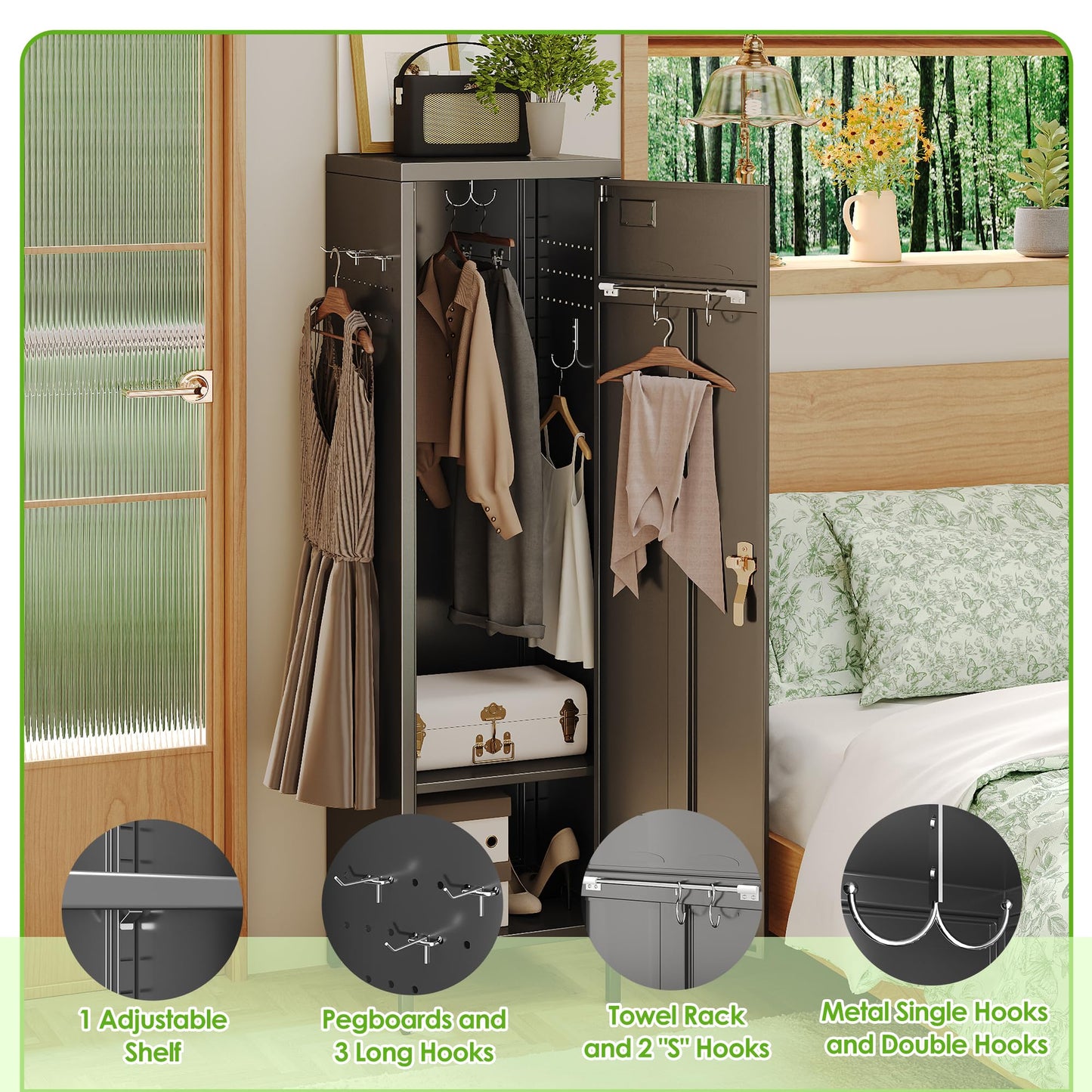 SUPEER 1 Door Metal Storage Lockers With Handle And Hanging Rod,Metal Locker For Employees With Pegboard And Hooks For Home,Office,Gym, School,Assembly Required,Black