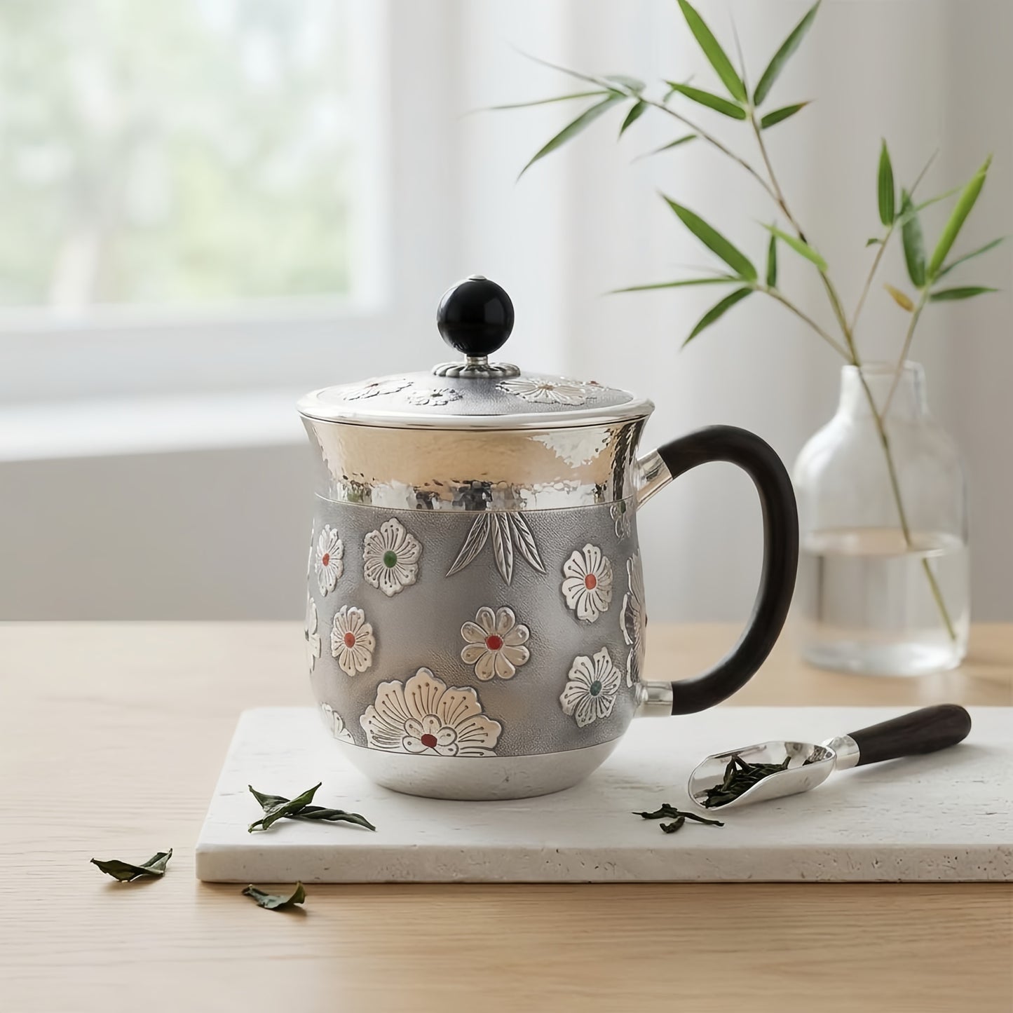 925 Sterling Silver Elegant  Teapot with Floral Gemstone Accents and Wooden Handle-Premium Tea Mug - Handicraft