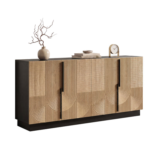 Sideboard, Living Room Cabinet, 4 Doors, Relief Front, Metal Handles, PB MDF Body, Dining Room Cabinet, Hallway Cabinet