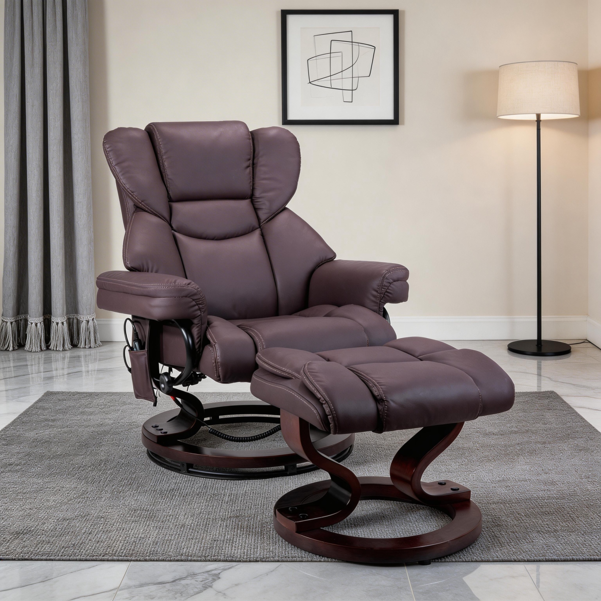 8-Point Massage Recliner with Ottoman, Heated Cat Scratch Leather  Reclining Chair ,Bent Wood Base, Indoor Lounge TV Chair with Footrest for Living Room and Bedroom, Brown