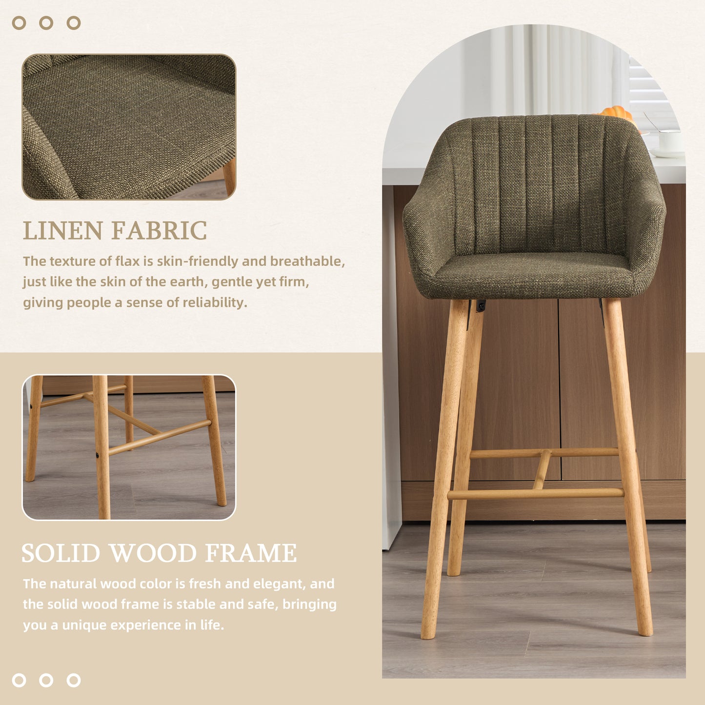 Modern Bar Stools Set Of 2, Kitchen Island Tall Chairs With Back, Arm, Footrest And Solid Wood Leg, Linen Fabric Upholstered Bar Stools