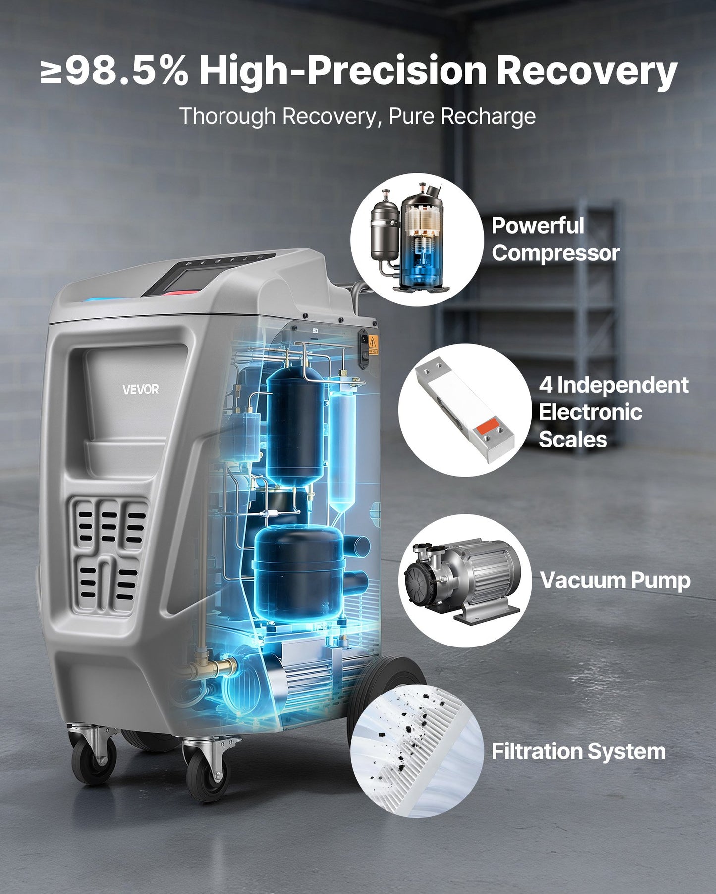 Fully Automatic Refrigerant Recovery Machine For 1234yf, ≥98.5% Accuracy, 7-Inch Touch Screen, AC Recovery, Vacuum, And Recharging Machine For Standard And High Voltage Automotive A/C Systems