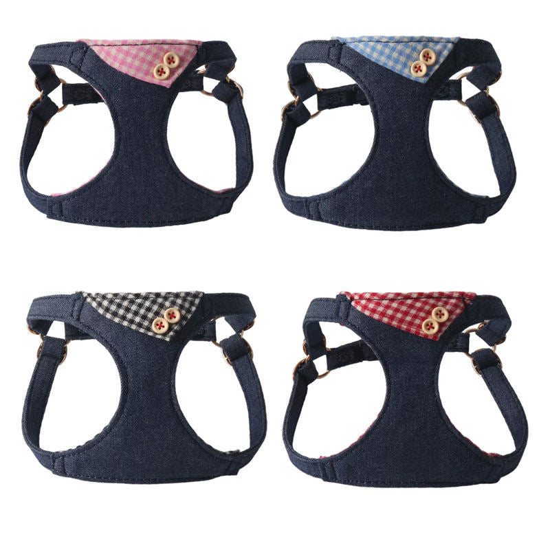Dark Blue Denim Patchwork Plaid Pet Harness Set