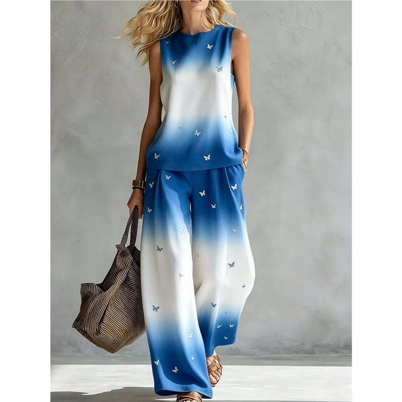 New-style Rainbow Tie-dye Sleeveless Crew-neck Top And Wide-leg Pants Womens Casual Two-piece Set