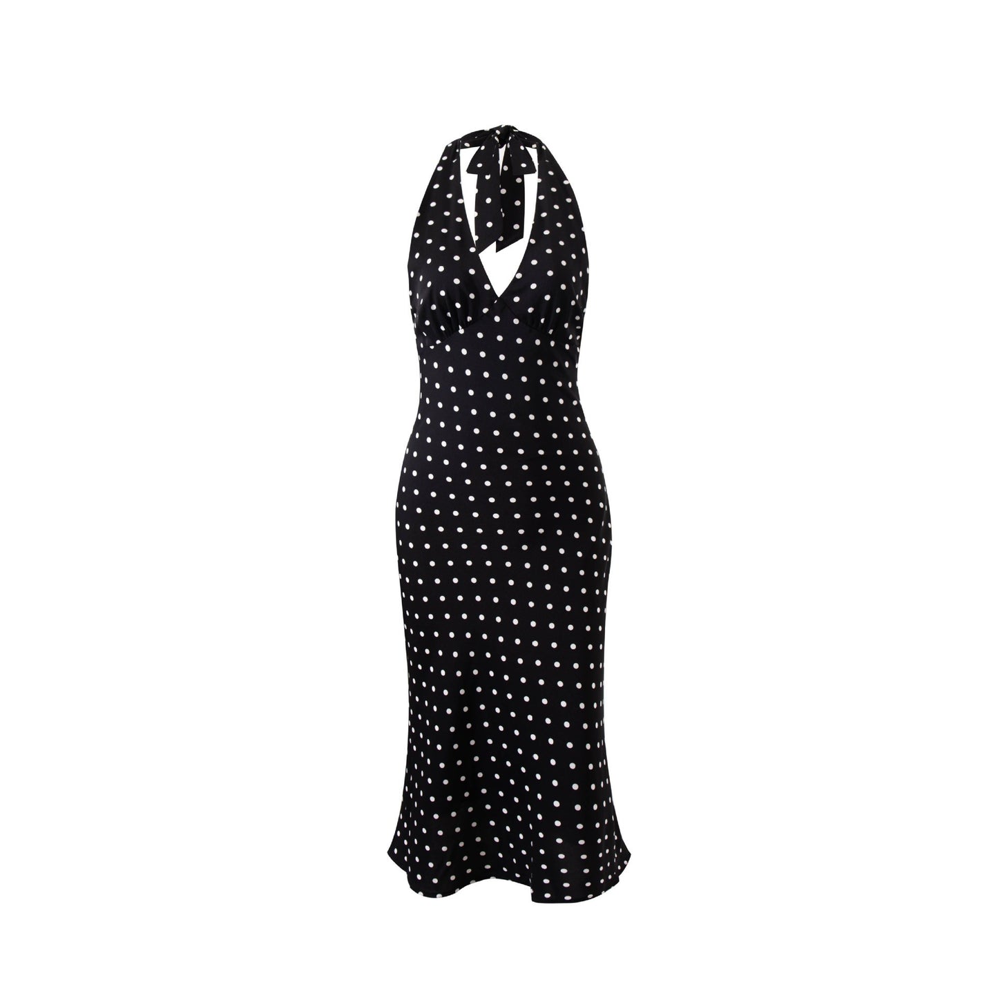 Womens Fashion Halterneck Polka-Dot Print V-Neck Dress