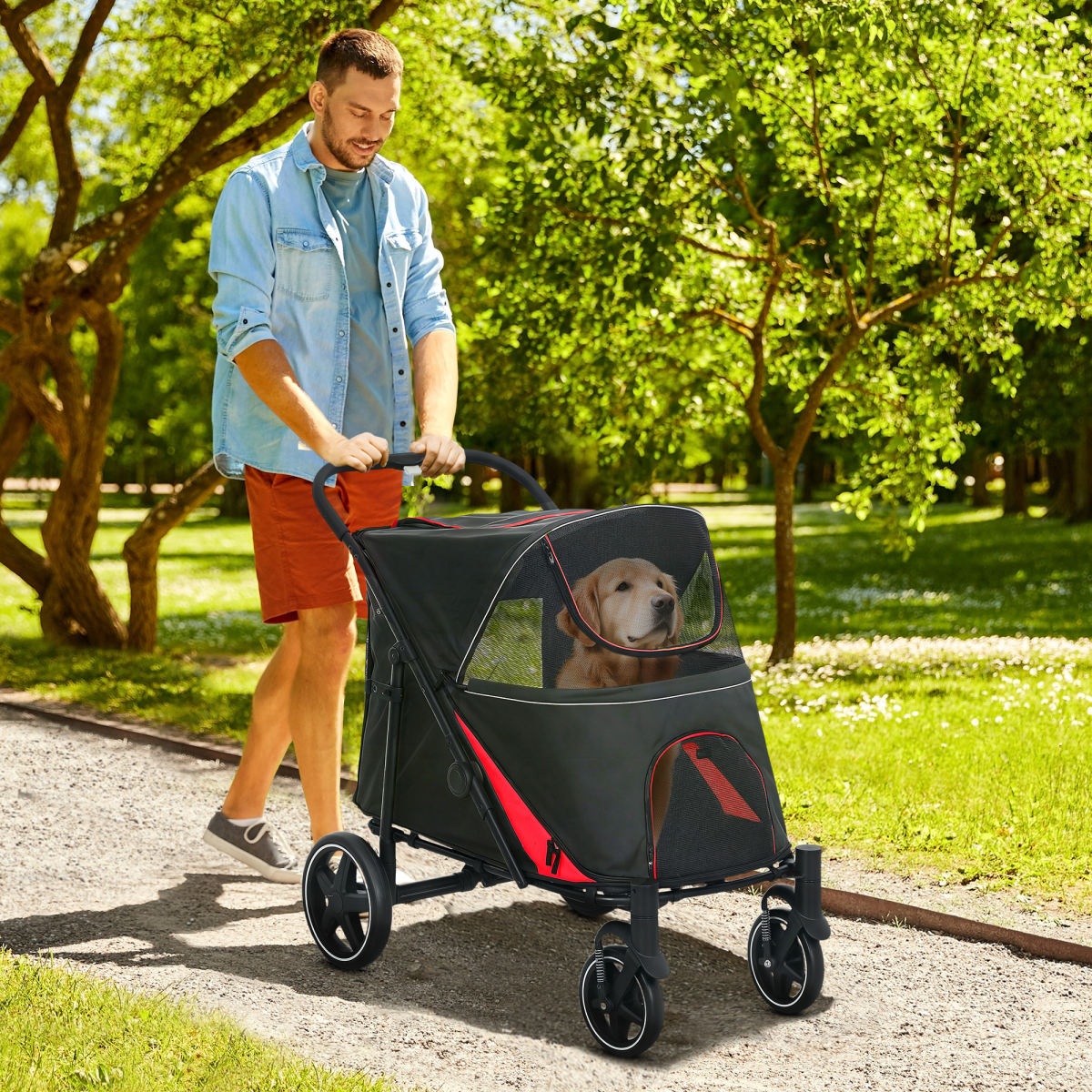 One-Click Foldable Dog Stroller for M, L Dogs, Pet Stroller, Black