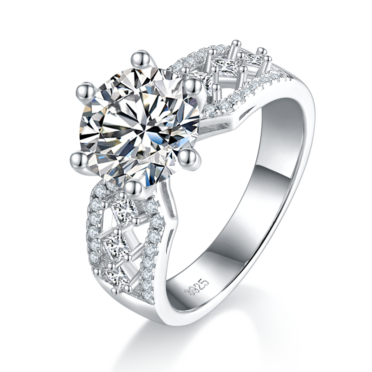 S925 Sterling Silver 3ct Moissanite Ring, 9mm Round Cut 6-Prong, D-VVS1 Platinum Plated US Sizes 5-9, GRA Certified Gift Box