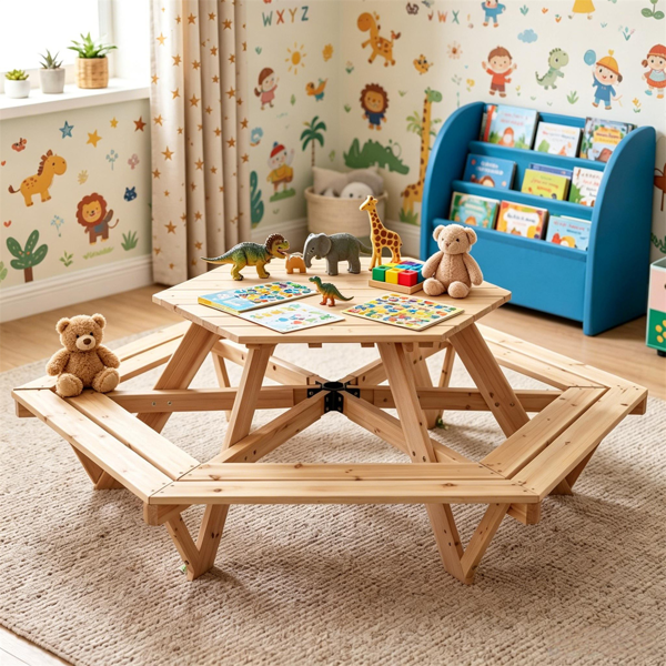 6-Seat Hexagonal Kids Picnic Table With Umbrella, Solid Fir Wood Outdoor Table & Bench Set For Backyard Garden, Age 3-8