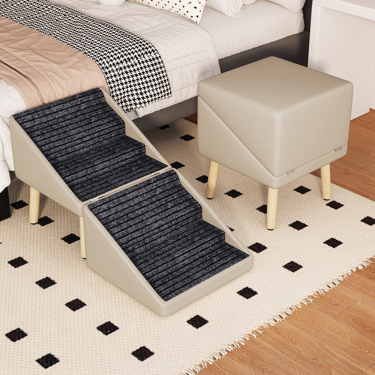 Dog Ramp for Bed & Couch, Dog Stairs 22.83 inches High for Large/Medium/Small Doggie, Foldable 2 in 1 Wooden Pet Steps for Older and Injured Dogs, Split Ottoman Design, Non-Slip Surface (Light Grey)