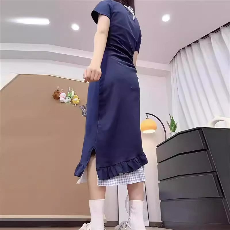 Korean-style Sweet Two-piece Look Dress For Women Asymmetrical Drawstring Waist