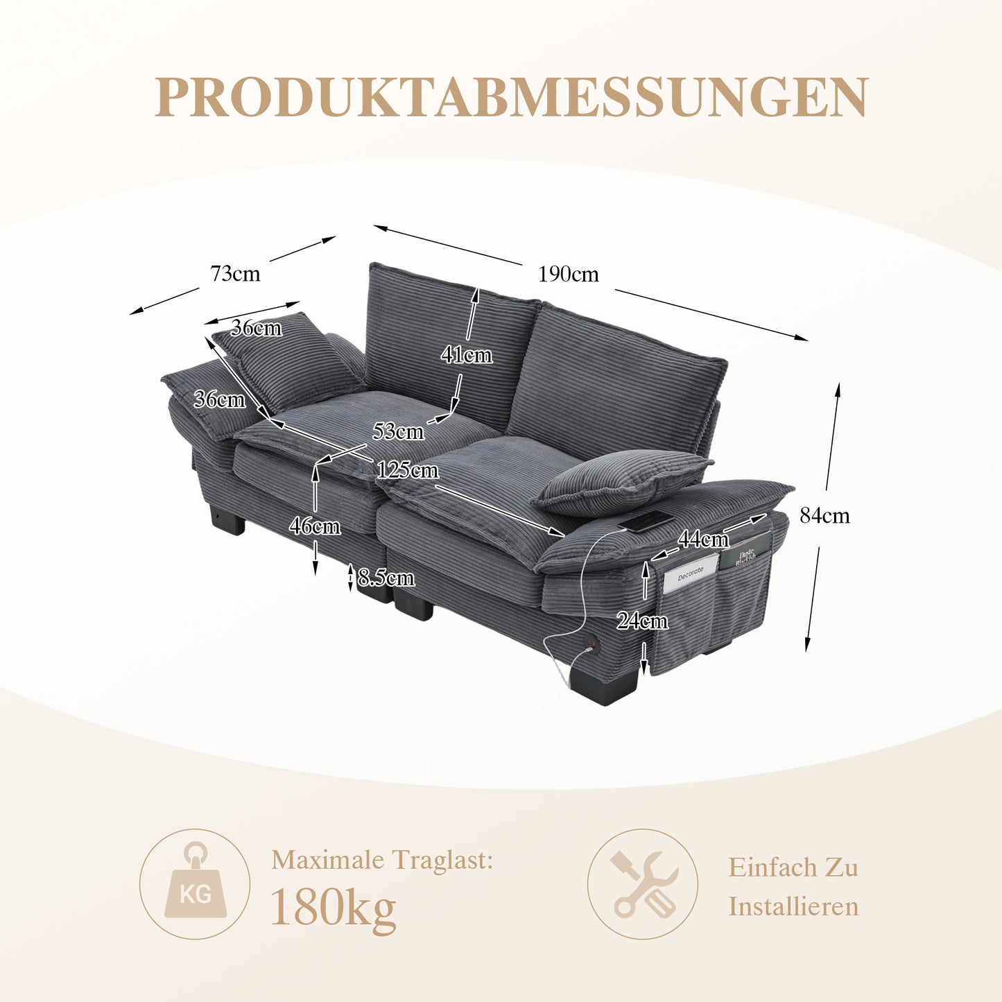 Modular Sofa With Wide Seat Surface For 2 People, Ergonomic Design, High-density Foam Cushioning, USB-C Port And Side Pockets. Ideal For Living Room, Office Or Lounge. Dark Gray