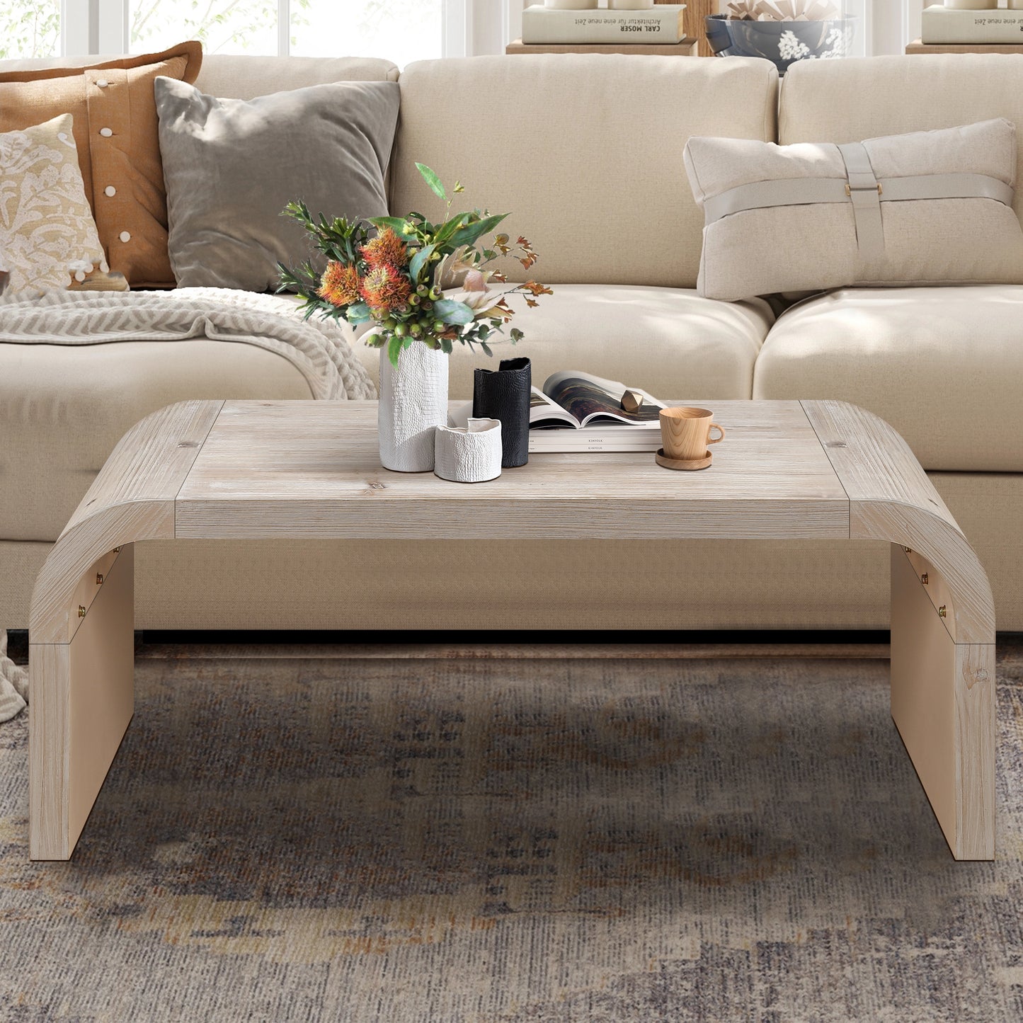 Farmhouse  Vintage Crafts Coffee Table,Curved Art Deco Design, Easy Assembly, 48  W X 24  D X 18   Antique Natural