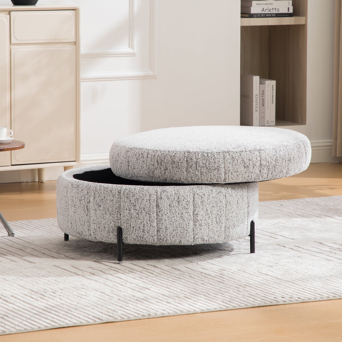 31.3 W Upholstered Round Ottoman With Reversible Lid, Chenille Storage Stool, Channel Tufted Pumpkin-shape Footstool For Living Room, Bedroom And Office, White-Black