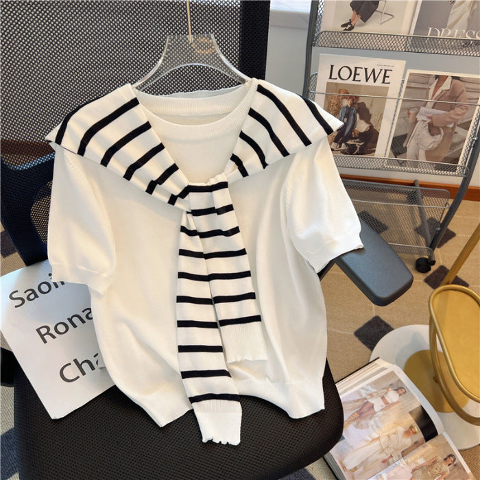 Short-sleeved Knit Top With A Chic Korean-style Faux Two-piece Shawl