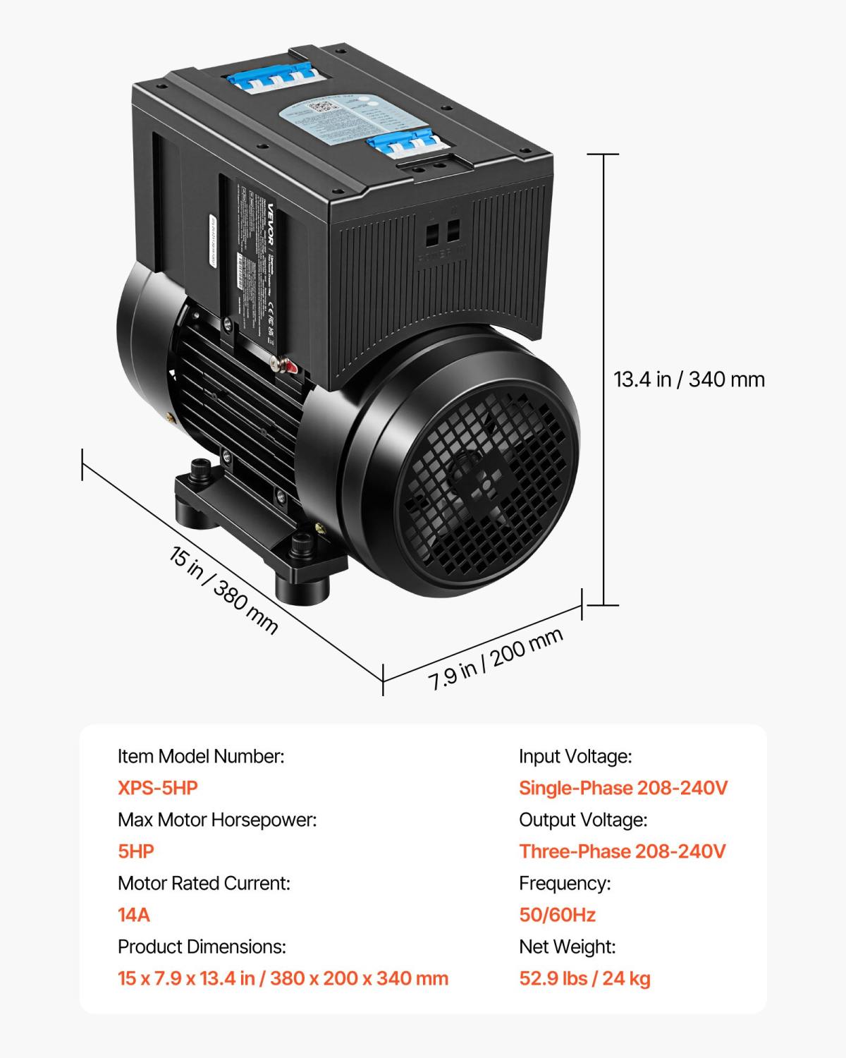 Single Phase To 3-Phase Rotary Converter, 5HP 14A 208-240V Input/Output Rotary Phase Converter - Expandable To Higher Horsepower For Heavy-Load Equipment