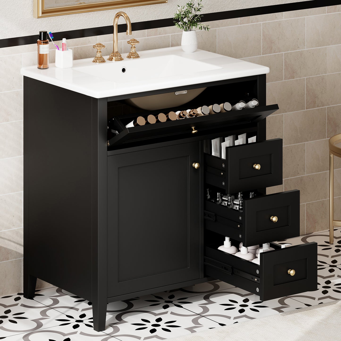 30-Inch Black Bathroom Vanity With Sink, Modern MDF And Rubberwood Cabinet With 3 Drawers And Adjustable Shelf, Freestanding Vanity For Bathroom Storage And Organization Left Door