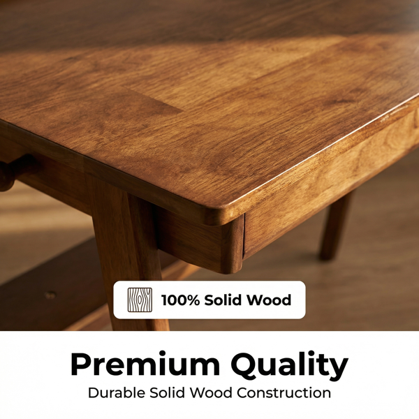 Solid Wood Writing Desk, Home Office Desk For Small Spaces, Mid Century Modern Desks With 2 Drawers & Storage Shelf, Standing Desk With Side Hooks For Study, Bedroom, Office  Walnut