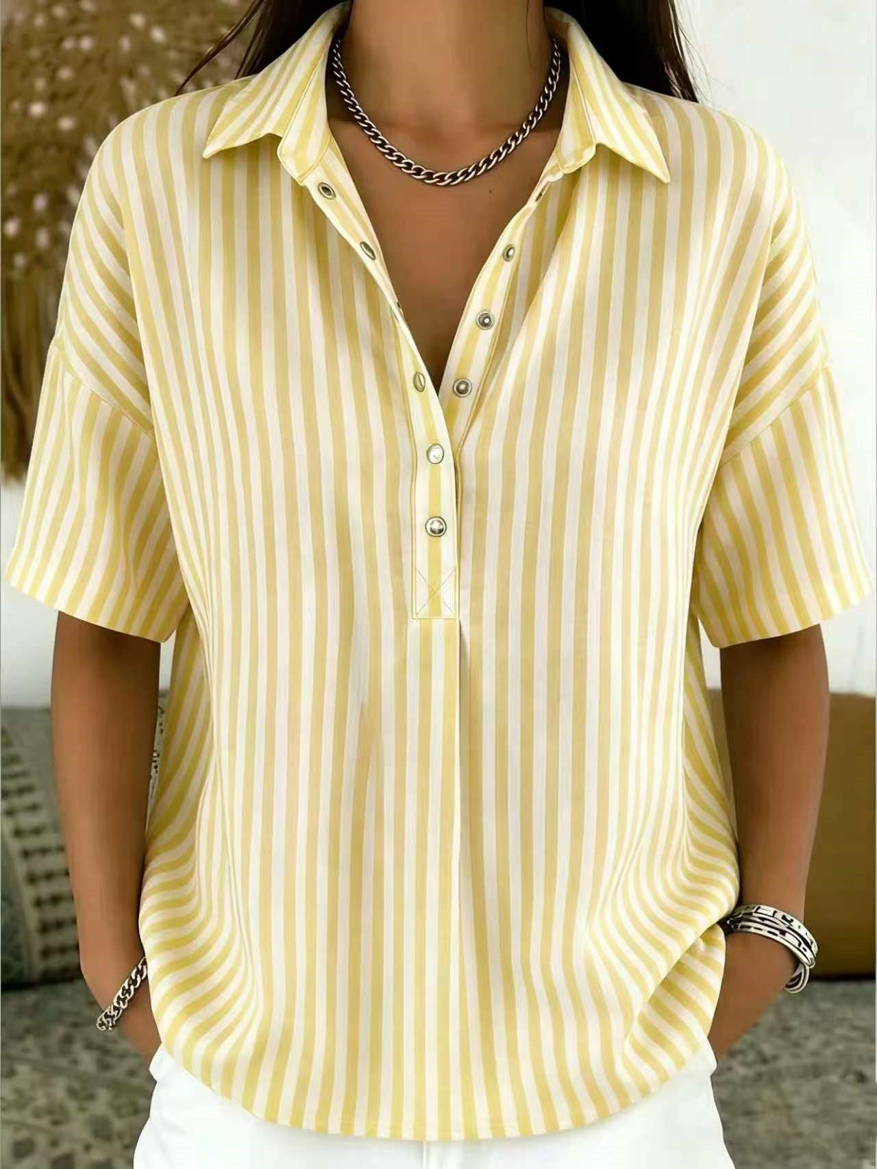 Womens Fashion Casual Striped Short-sleeve Shirt