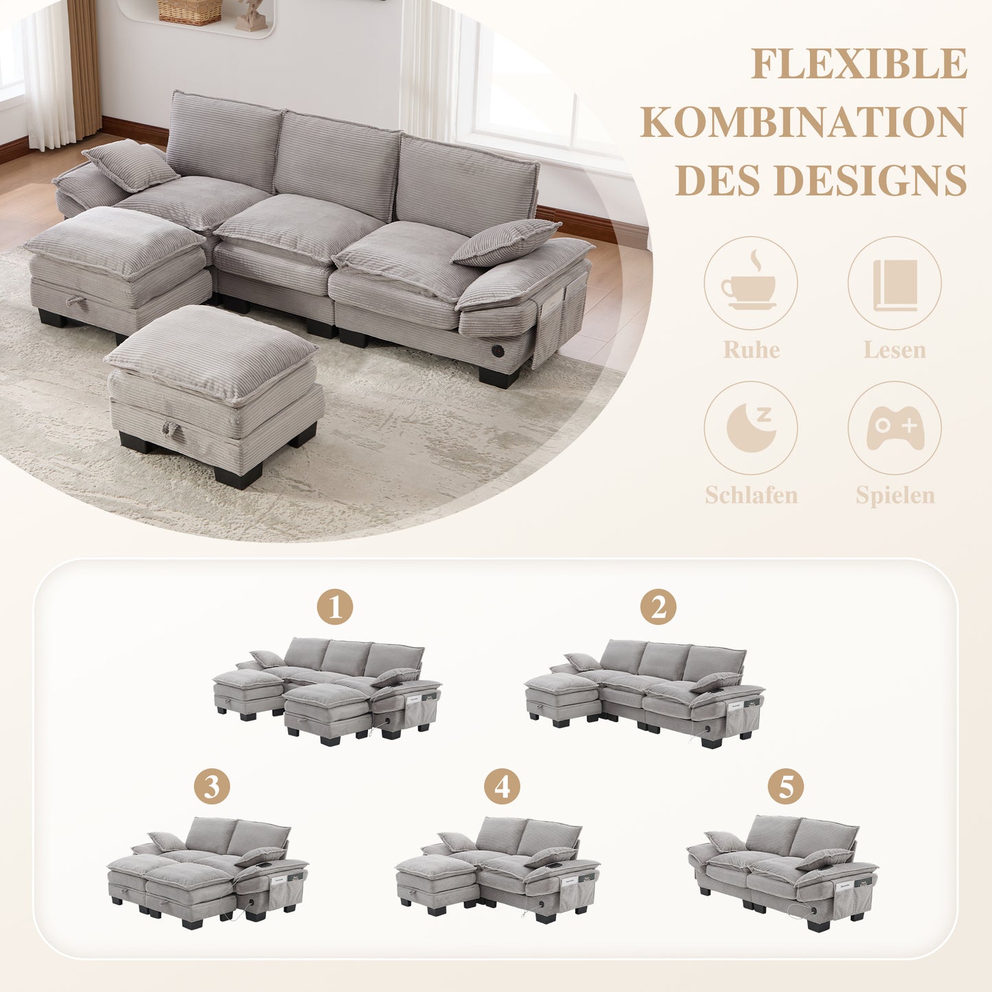 Modular 3-seater Corduroy Sofa  With 2 Stools Wide Seat, Ergonomic Design, High-density Foam Padding, USB-C Port And Side Pockets.Ideal For Living Room, Office Or Lounge.Light Grey