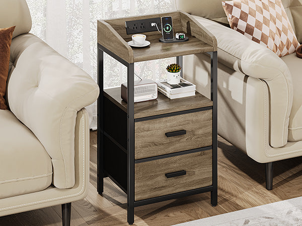 Nightstand With Charging Station Modern Bedside End Side Table With Guardrail Storage Shelf 2 Fabric Drawers USB Ports AC Outlets