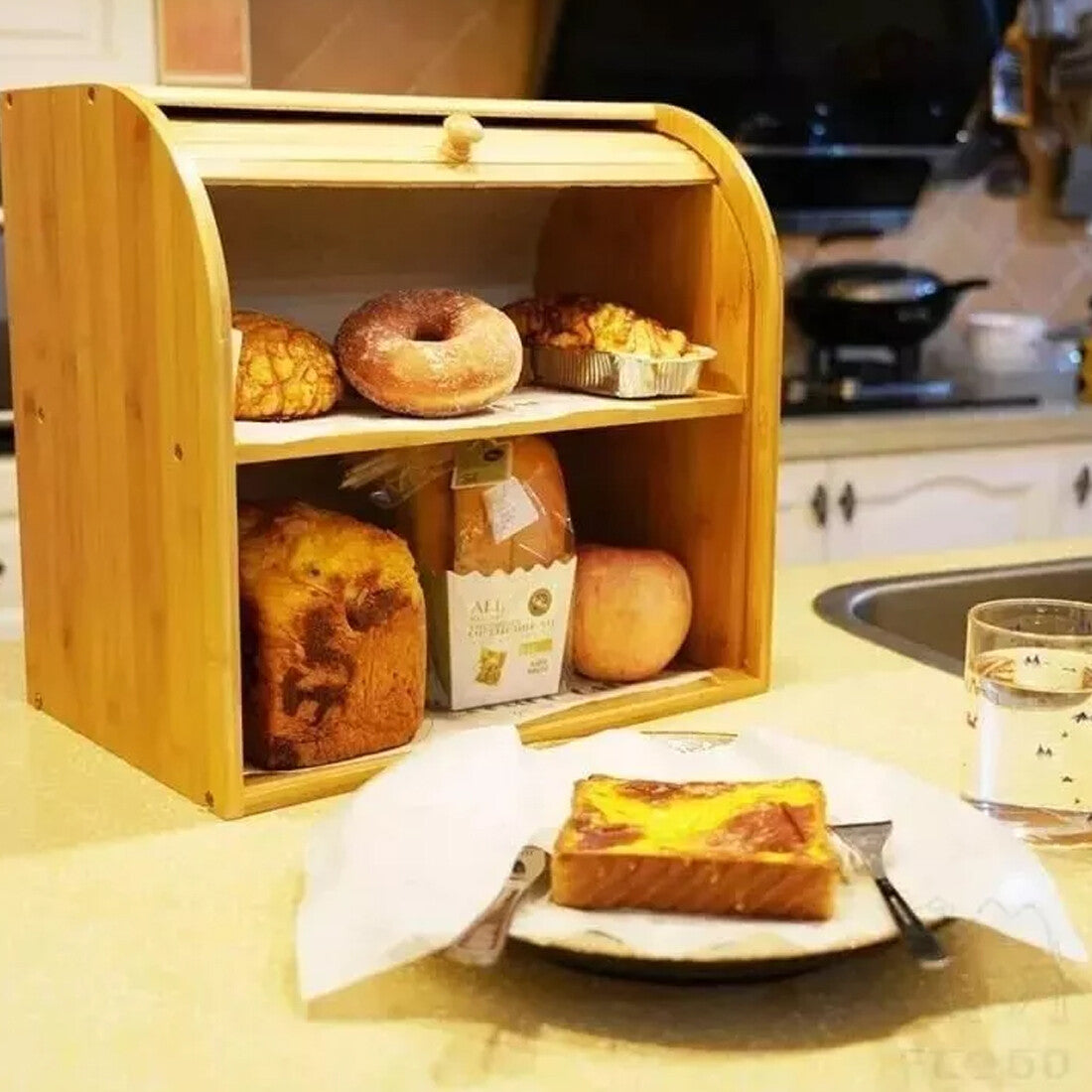 Bread Bin 2 Tiers Double Layer Box Slide Roll Top Food Storage Rack Home Kitchen