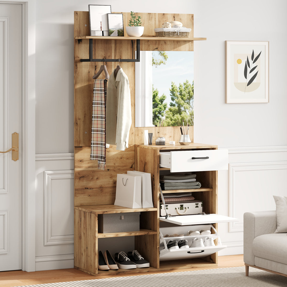 100X38.5X190cm Coat Rack Set With Mirror, Shoe Bench, Shoe Cabinet, Hallway Cabinet, Hanging Cabinet Shelf, Compact Coat Rack, With 1 Drawer And 2 Cabinets, Plenty Of Storage Space, White - Original W