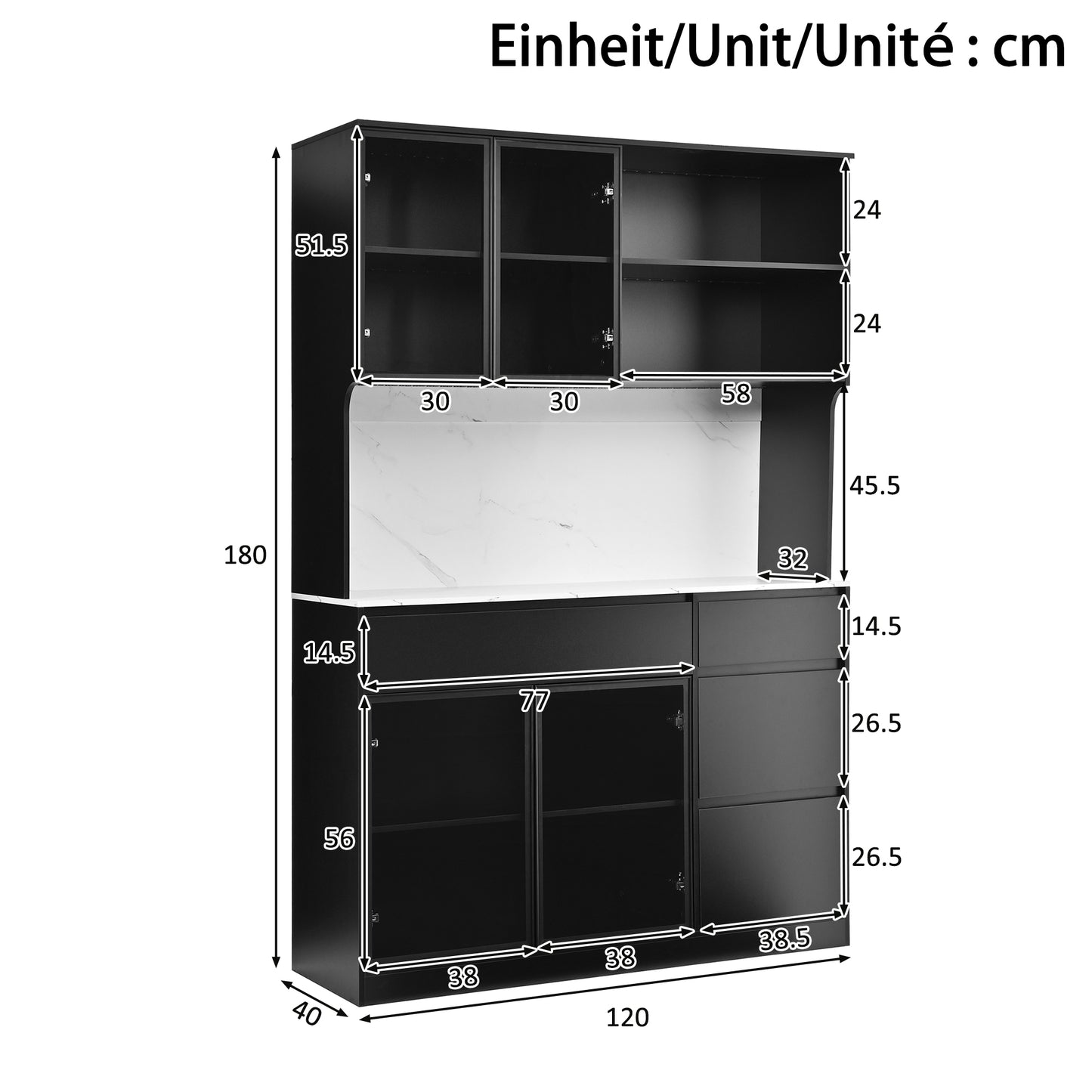 Tall Cabinet, Display Cabinet, Sideboard, Dining Room Cabinet, Living Room Cabinet, Black And White Look, Marble-look Middle Section, MDF Body, Glass Elements, Integrated LED Lights, Versatile Storage